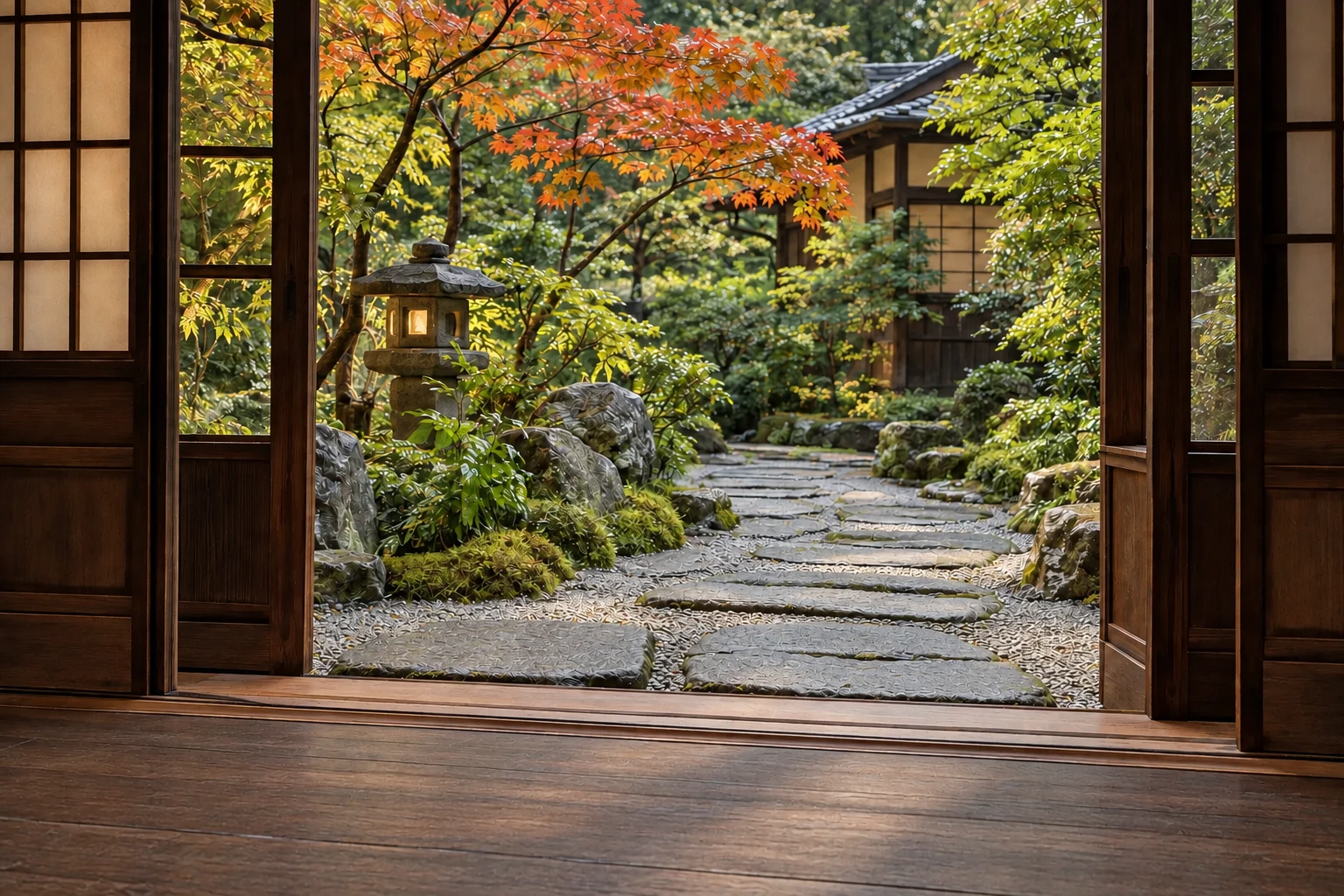 古い木の引戸越しに見える、乾いた石畳と紅葉の庭